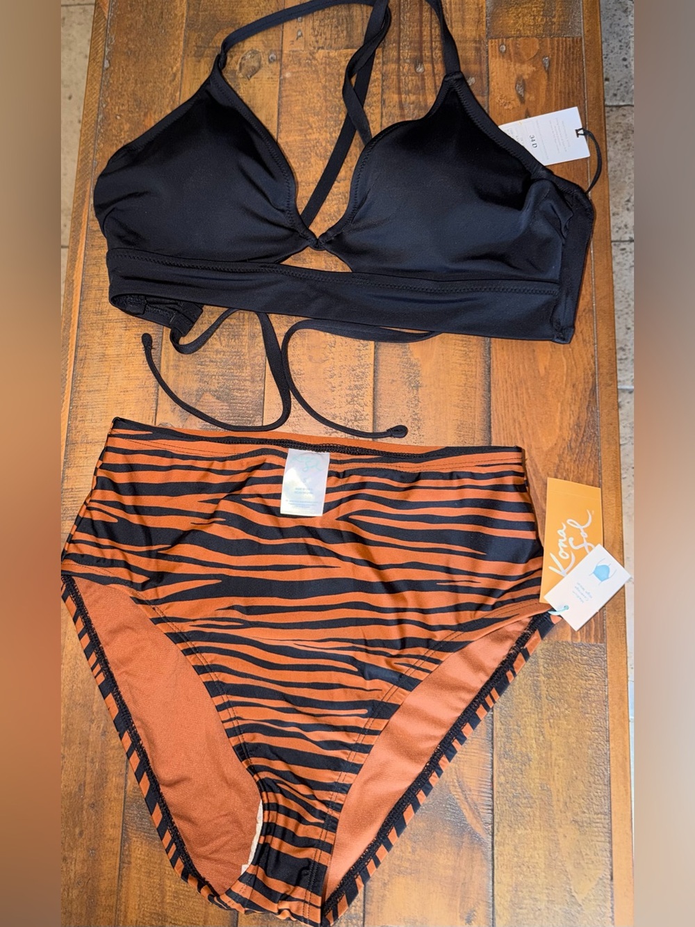 Target Black Bikini Top with Black and Rust Orange Striped High-Waist Bottom